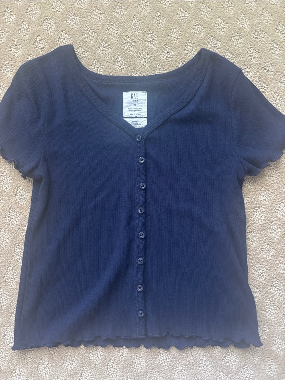 GAP Navy Short Sleeve Ribbed Button-Front Top